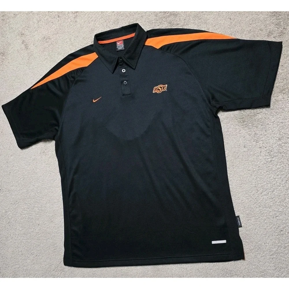VTG Nike OSU Oklahoma State Cowboys Dri-FIT Polo Shirt‎ Mens XL Black Orange EUC